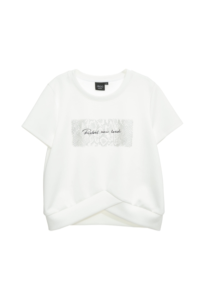 奶白色印繡花交叉T