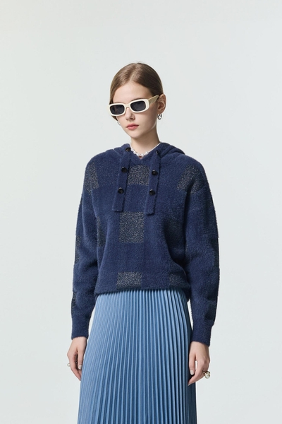 光澤感正反針連帽針織上衣