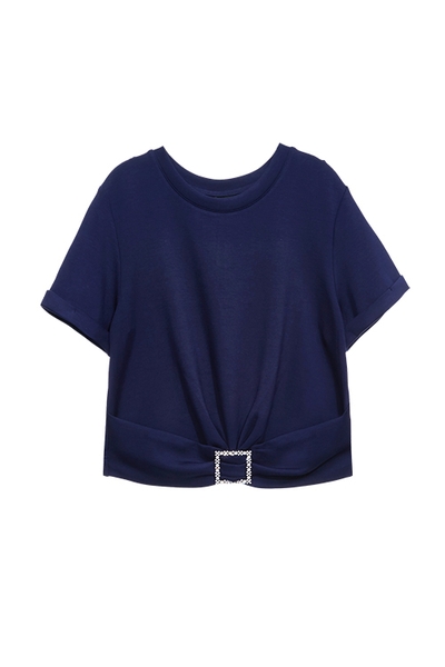 海軍牡丹藍鑽釦短版T