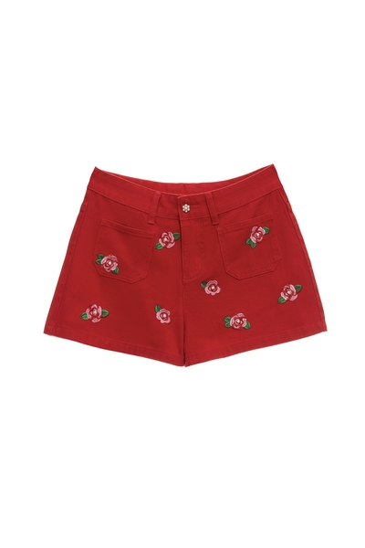 火紅色薔薇刺繡牛仔短褲