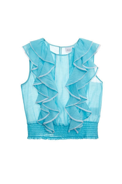 淺水藍鑲蕾絲邊荷葉上衣