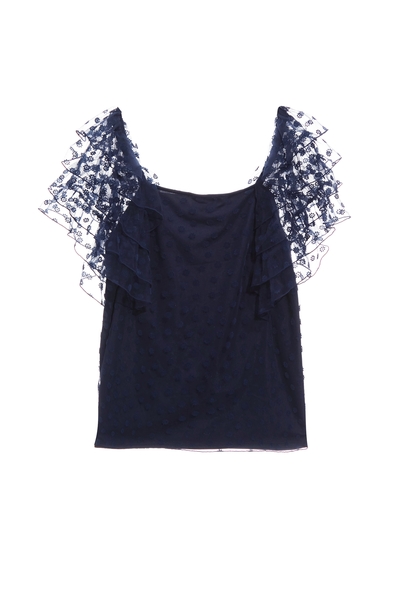 暮色藍花朵網紗上衣