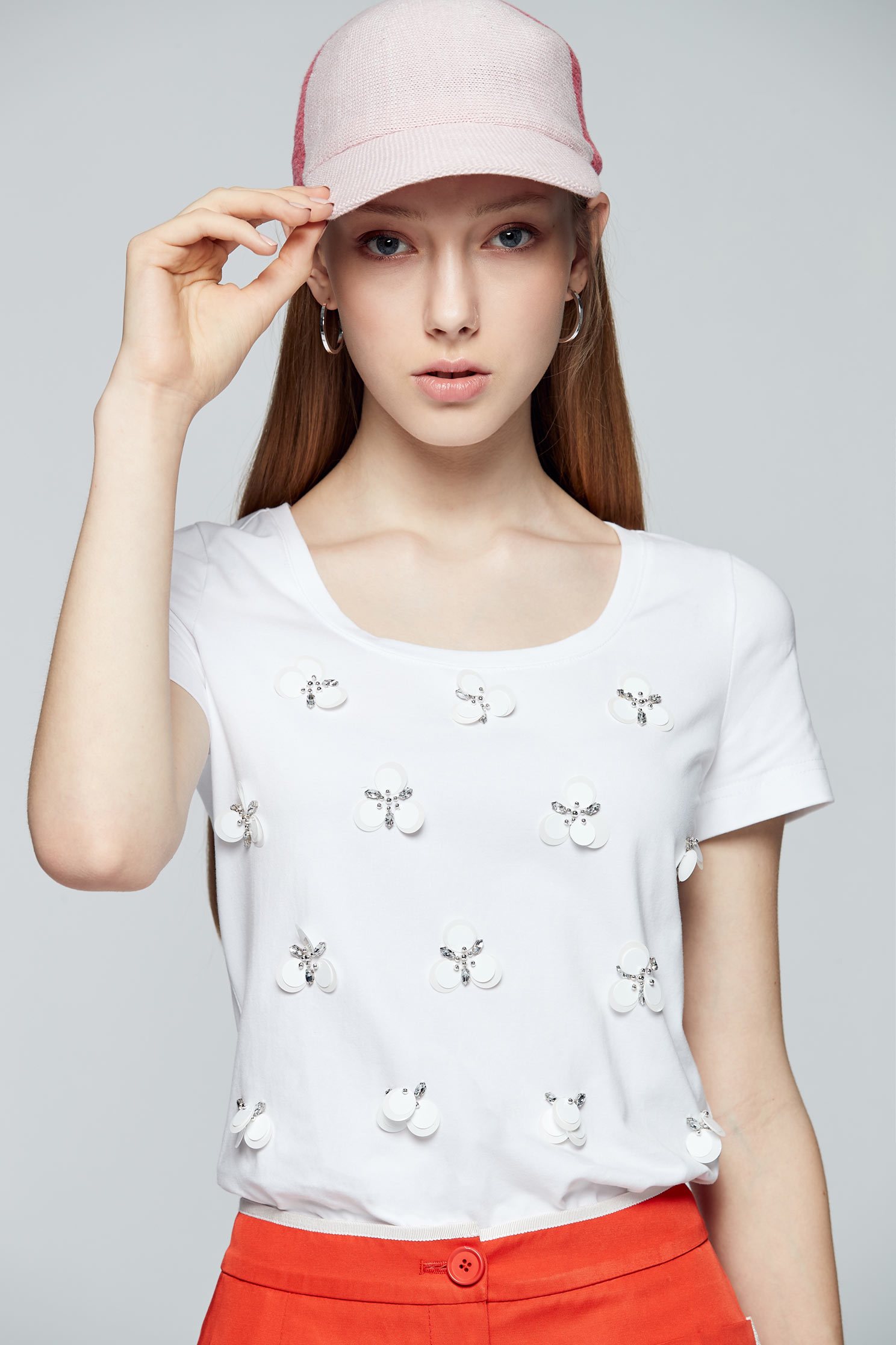 Sequined cotton short-sleeved T-shirt