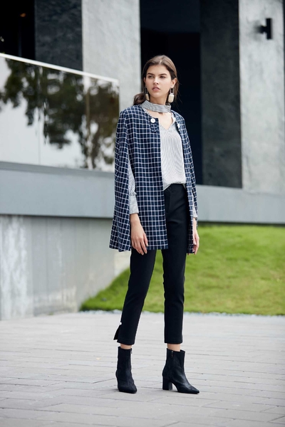 Navy blue england checkered long Sleeve blazer
