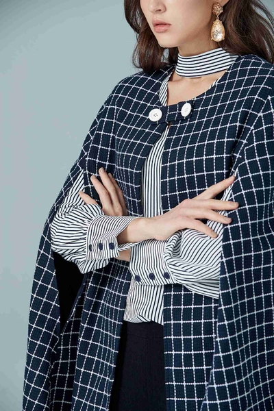 Navy blue england checkered long Sleeve blazer
