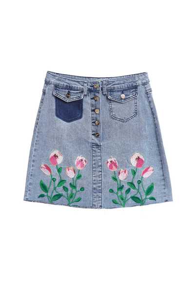 Embroidered denim skirt
