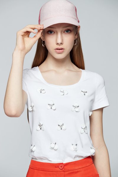Sequined cotton short-sleeved T-shirt